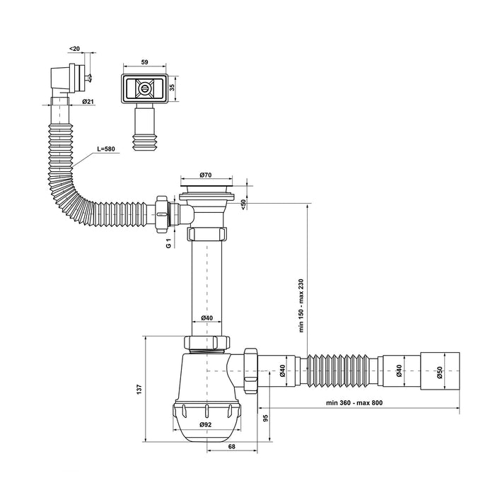 Сифон для кухонної мийки KronoPlast 1 1/2''х40 мм з різьбовим випуском, з прямокутним переливом SM26010343