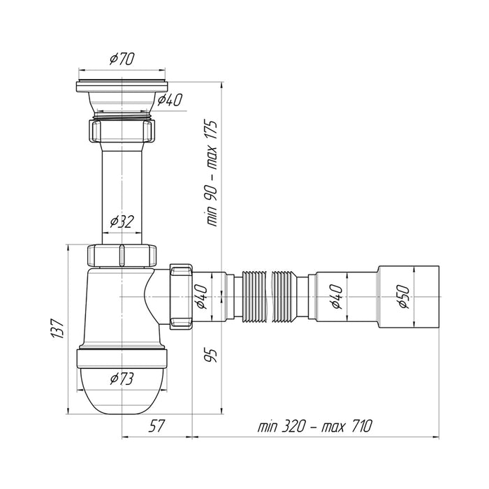 Сифон для раковини ANIplast з різьбовим випуском 70 мм, з гнучкою трубою 40х40/50 мм С0115EU