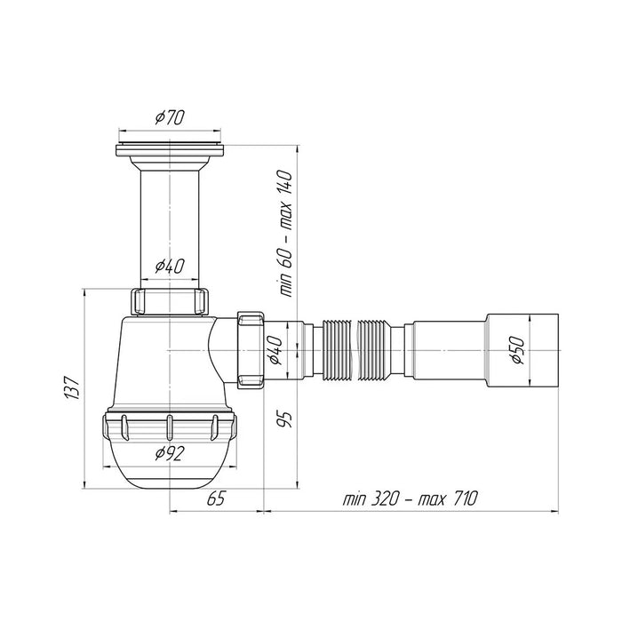 Сифон для раковини ANIplast з литим випуском 70 мм, з гнучкою трубою 40х40/50 мм С0515EU