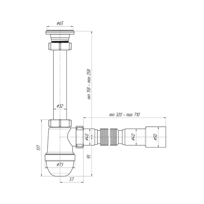 Сифон для раковини ANIplast з різьбовим випуском 64 мм, з гнучкою трубою 40х40/50 мм С1015EU