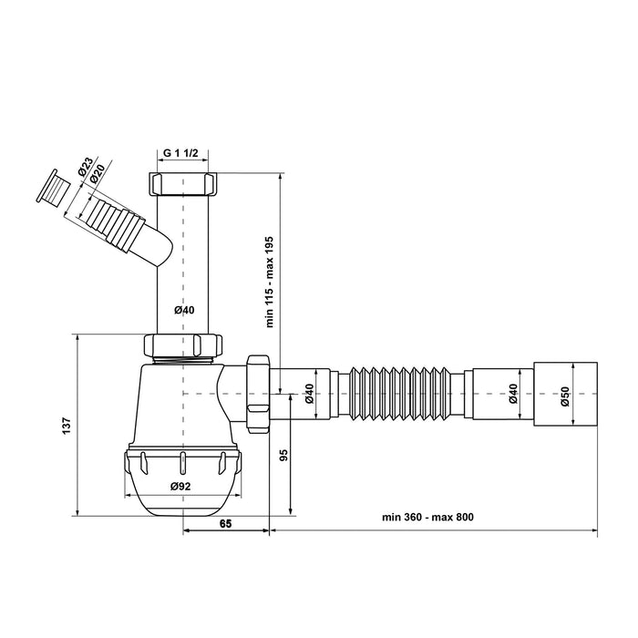 Сифон для кухонної мийки KronoPlast 1 1/2''х40 мм без випуску з відводом для пральної машини SM10020043