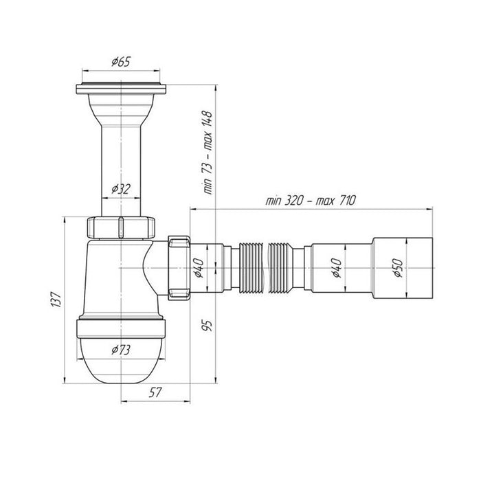 Сифон для раковини ANIplast з литим випуском 64 мм, з гнучкою трубою 40х40/50 мм C2015EU