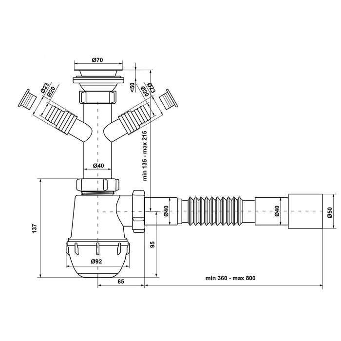 Сифон для кухонної мийки KronoPlast 1 1/2''х40 мм з різьбовим випуском, відводом для пральної/посудомиючої машини SM14030043