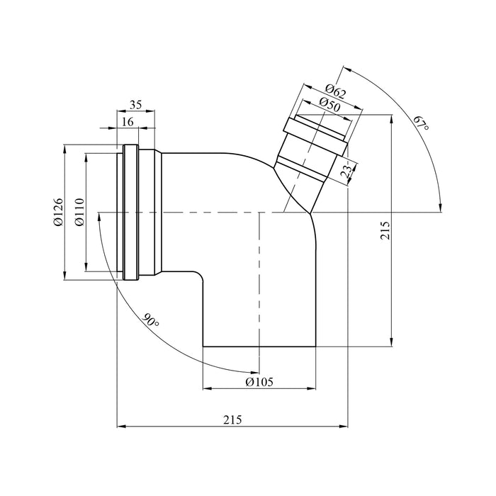 Коліно для внутрішньої каналізації Rozma 110х90° з відведенням 50 мм під 67° (30 шт.)