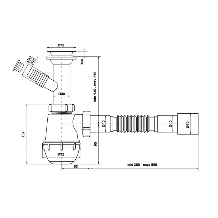 Сифон для кухонної мийки KronoPlast 1 1/2''х40 мм з литим випуском, відводом для пральної машини SM13000043