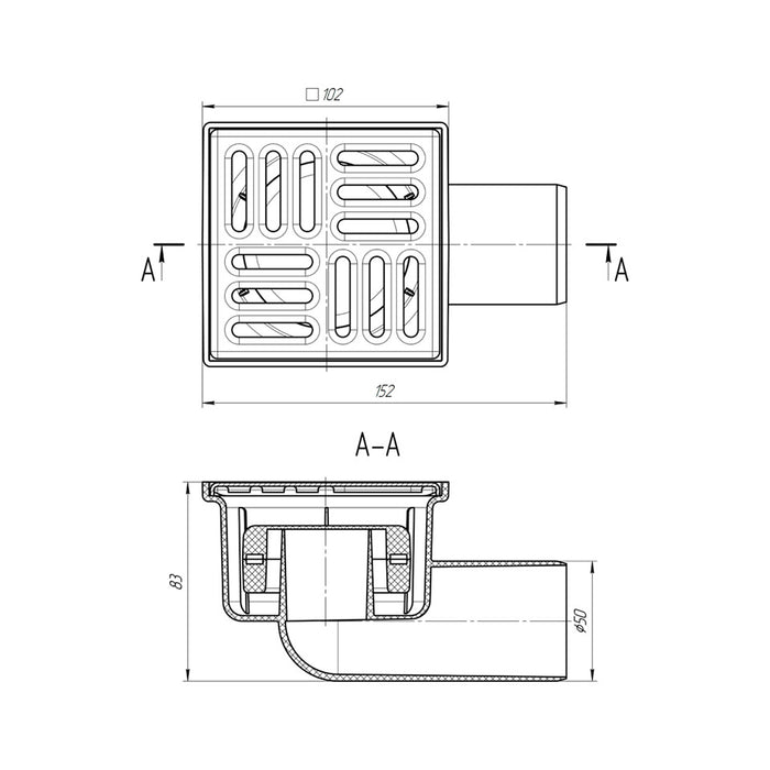 Трап ANIplast з горизонтальним випуском 50 мм, з нержавіючою решіткою 10х10 см TQ5102EU
