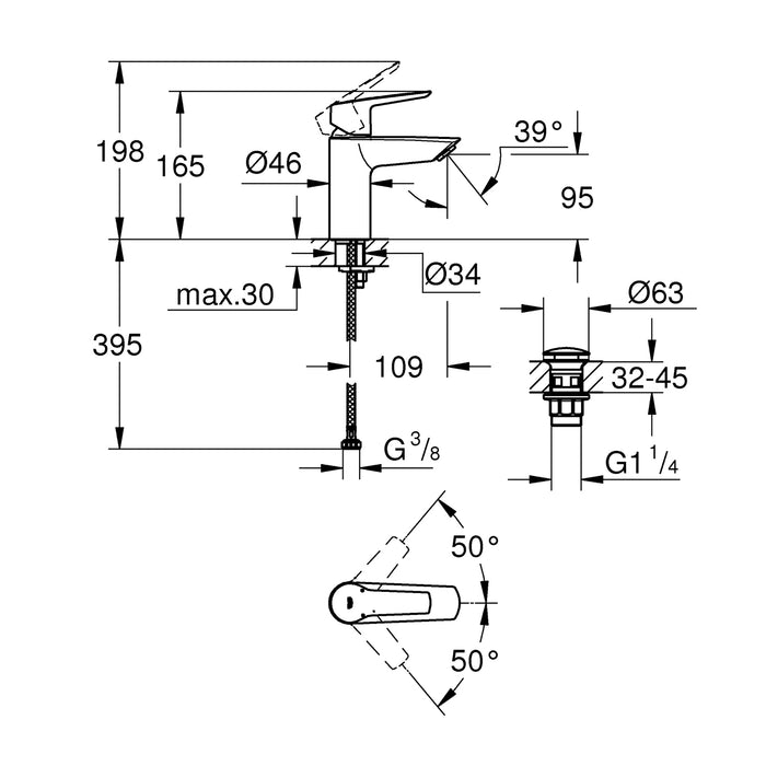 Змішувач одноважільний для раковини S-Size з донним клапаном Grohe QuickFix Start 23550002