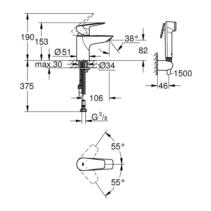 Змішувач одноважільний для раковини S-Size з гігієнічним душем Grohe QuickFix StartEdge 23773001