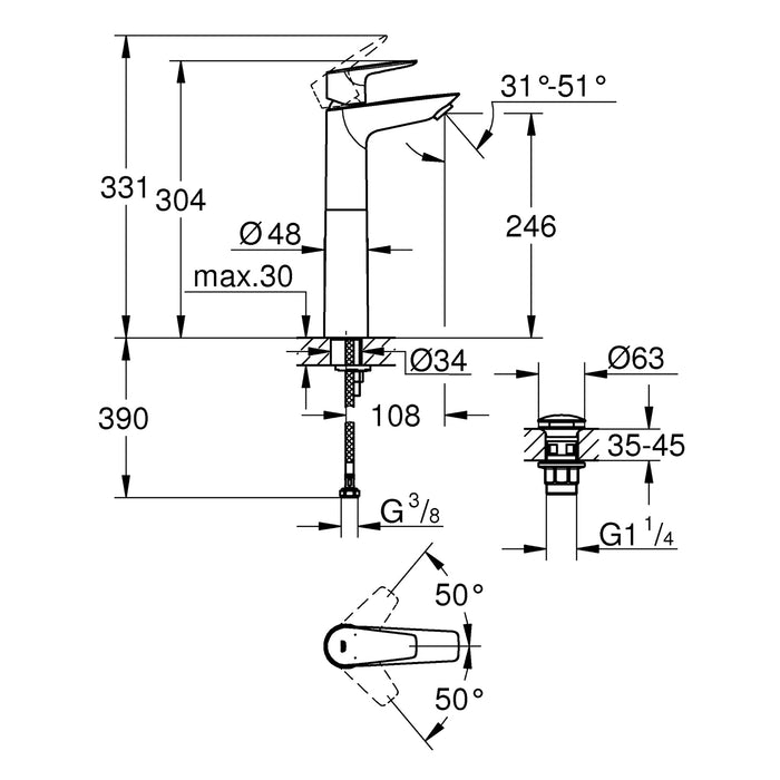 Змішувач одноважільний для раковини XL-Size з донним клапаном Grohe QuickFix StartEdge 23777001