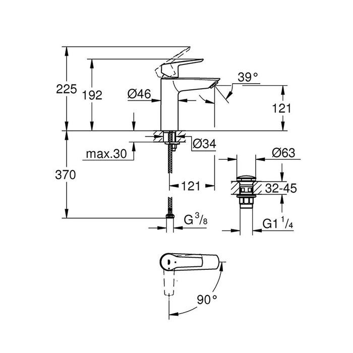 Змішувач для раковини Grohe QuickFix Start M-Size з донним клапаном 23746002