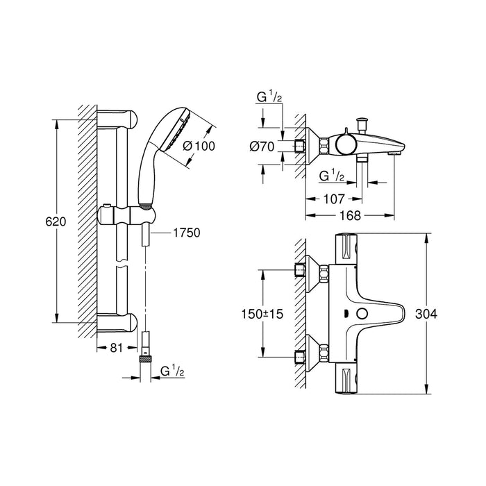 Змішувач для ванни Grohe Grohtherm 800 34567000 з душовим гарнітуром 27853001 (34567001)